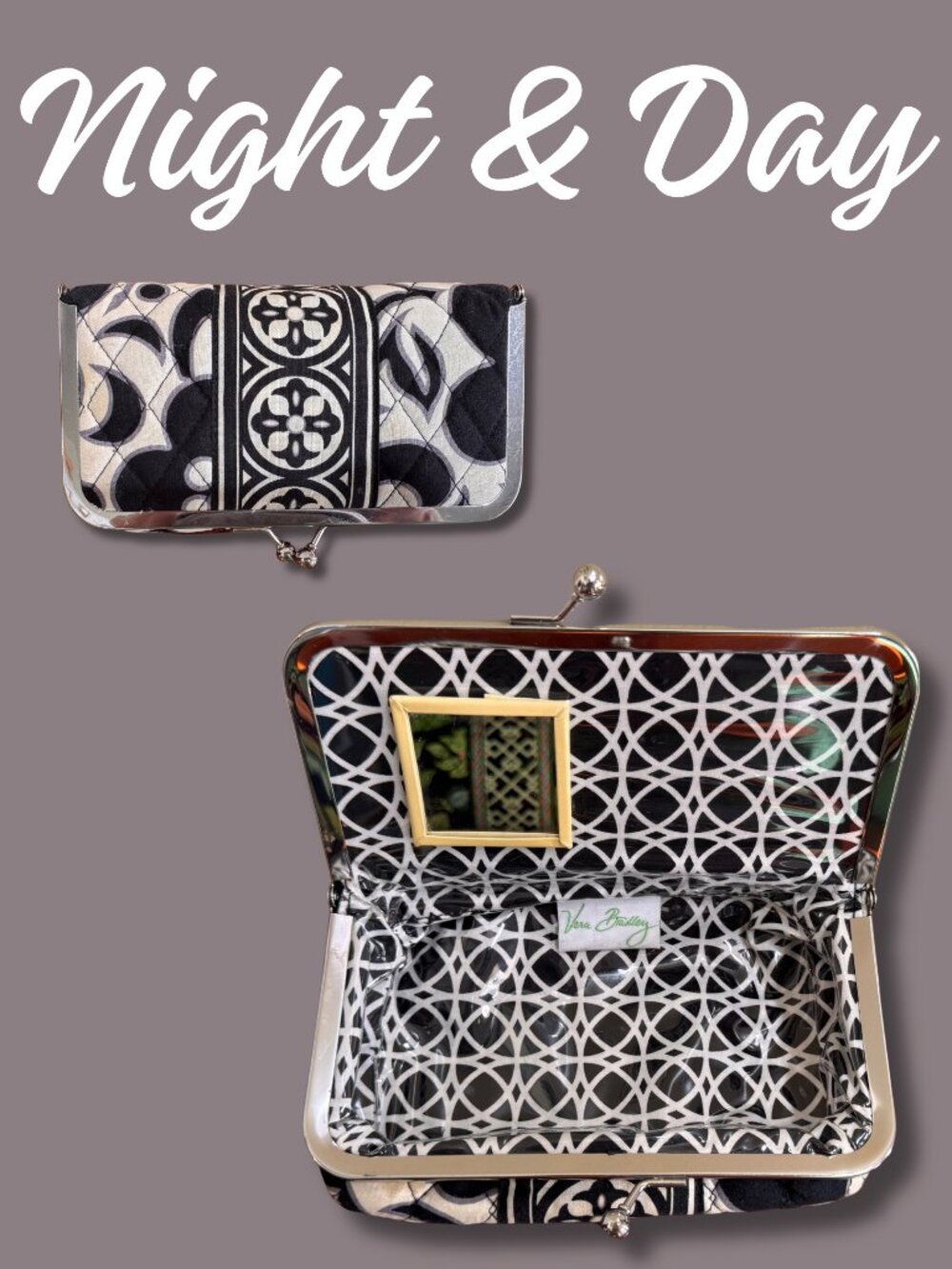 Vera Bradley Night & Day Kiss Lock Cosmetic Bag Retired Black White Floral